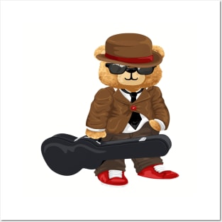 Teddy Bear  in Musician Stylish carrying guitar case Posters and Art